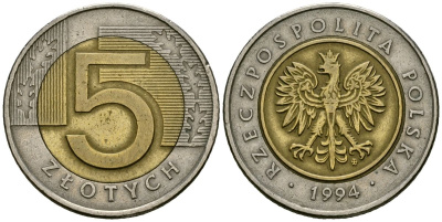 Польша 5 злотых 1994 MW KM 284 биметалл 4167-322