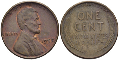 США 1 ЦЕНТ 1957 D, ЛИНКОЛЬН KM А132 медь цинк 26-953