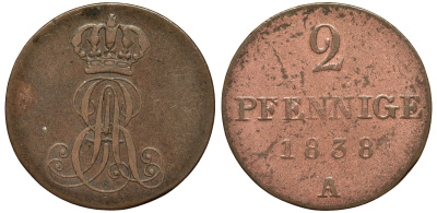 Ганновер 2 пфеннига 1838 A, Эрнст Август (1837-1851) KM 174.1, AKS 122, J. 55 медь 75-641