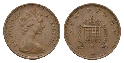 Великобритания 1 пенни 1977 Елизавета II (1952-2022) KM 915, Spink 4237 (B1) бронза 4614-424