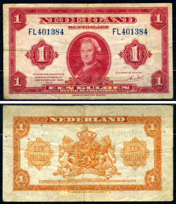 Нидерланды 1 гульден 1943 4 февраля 1943, Вильгельмина I (1890-1948) Pick 64, Akkermans 5.1 бумага 444-64-3-2