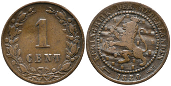 НИДЕРЛАНДЫ 1 ЦЕНТ 1880 ВИЛЬГЕЛЬМИНА KM 107 бронза 100-563