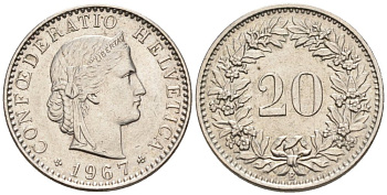 Швейцария 20 раппенов 1967 В KM 29а медно-никель 4576-961