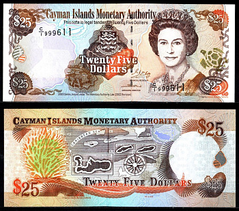 Каймановы острова 25 долларов 2003 Елизавета II. Карта Каймановых островов Pick 31 a бумага UNC (пресс) 451-1193-3