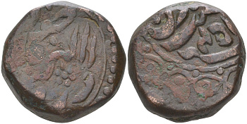 Британская Индия 1 такка (2 пайса) ND туземное княжество Джодхпур, шах Алам II (AH1173-1221) (1759-1806), монетный двор Джодхпур, вес 20,87 гр. KM 14 медь 4112-645