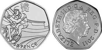 Великобритания 50 пенсов 2011 XXX летние Олимпийские игры в Лондоне в 2012 году, велосипед, в оригинальном картонном буклете, с Олимпийской голограммой (9/29) KM 1169 медно-никель  UNC  3-6-6-05