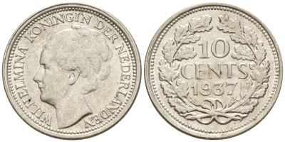 Нидерланды 10 центов 1937 Вильгельмина I (1890-1948) КМ 163 серебро  UNC  4602-526