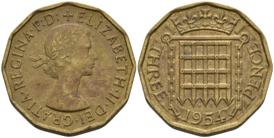 Великобритания 3 пенса 1954 Елизавета II (1952-2022) KM 900, Spink 4153 никель латунь  4603-132