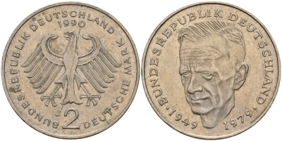 ФРГ 2 марки 1990 J, Курт Шумахер KM 149, J. 424 медно-никель 4159-1251