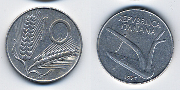 Италия 10 лир 1977 R, колосья, плуг KM 93 алюминий 62-2562