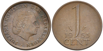 Нидерланды 1 цент 1963 Юлиана (1948-1980) КМ 180 бронза    4174-563