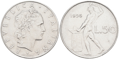 Италия 50 лир 1956 R, бог огня Вулкан у наковальни KM 95.1 нержавеющая сталь 4595-353