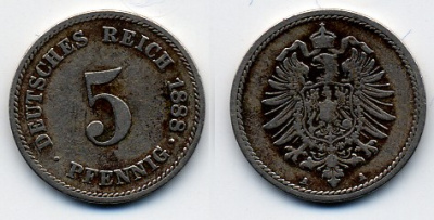 ГЕРМАНИЯ 5 ПФЕННИГОВ 1888 A, СТАРОГЕРБОВКА KM 3, J. 3 медно-никель 51-4311