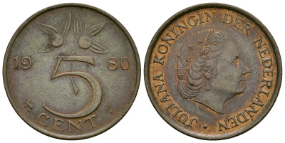 Нидерланды 5 центов 1980 Юлиана (1948-1980) KM 181 бронза 72-522