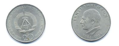 ГДР 20 марок 1971 A, 85 лет со дня рождения Эрнста Тельмана KM 34, J. 1535 медно-никель 3333-621