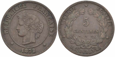 ФРАНЦИЯ 5 САНТИМОВ 1872 А, ТРЕТЬЯ РЕСПУБЛИКА (1871-1940) KM 821.1, LE FRANC 118.5 бронза 108-615