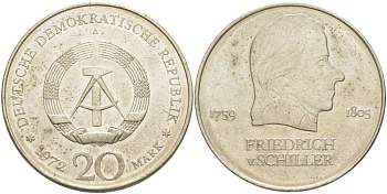 ГДР 20 марок 1972 А, Фридрих Шиллер (1759-1805) KM 40 медно-никель 4521-713