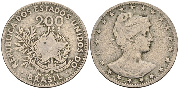Бразилия 200 рейс 1901 голова свободы вправо KM 504 медно-никель 4589-1053