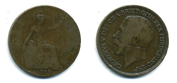 Великобритания 1 пенни 1919 Георг V (1910-1936) KM 810, Spink 4051 бронза 35-1136