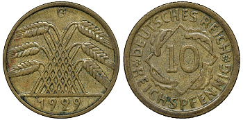 ГЕРМАНИЯ 10 РЕЙХСПФЕННИГОВ 1929 G, KM 40, J. 317 алюминиевая бронза 72-1714