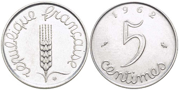ФРАНЦИЯ 5 САНТИМОВ 1962 ПЯТАЯ РЕСПУБЛИКА KM 927, LE FRANC 124.4 хромированная сталь 175-316