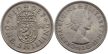 Великобритания 1 шиллинг 1954 Елизавета II (1952-2022), Шотландский герб KM 905, Spink 4148 медно-никель 83-1244