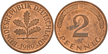 ФРГ 2 пфеннига 1989 G J.381a, KM 106a сталь плакированная медью    4598-924