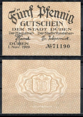 Дюбен (Пруссия, Саксония) 5 пфеннигов 1919 Mehl Grabowski D33.2a бумага UNC (пресс) 7555-59-3-1