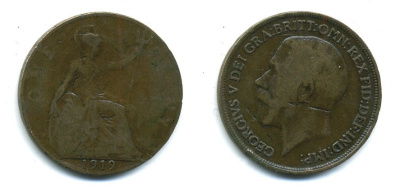 Великобритания 1 пенни 1919 Георг V (1910-1936) KM 810, Spink 4051 бронза 35-1136