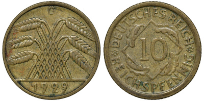 ГЕРМАНИЯ 10 РЕЙХСПФЕННИГОВ 1929 G, KM 40, J. 317 алюминиевая бронза 72-1714
