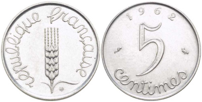 ФРАНЦИЯ 5 САНТИМОВ 1962 ПЯТАЯ РЕСПУБЛИКА KM 927, LE FRANC 124.4 хромированная сталь 175-316