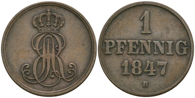 Ганновер 1 пфенниг 1847 B, Эрнст Август (1837-1851) KM 201.1, AKS 129, J. 74 медь 08-1318