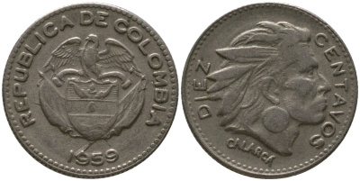 Колумбия 10 сентаво 1959 KM 212.2, Restrepo 380.7 медно-никель 4576-1032