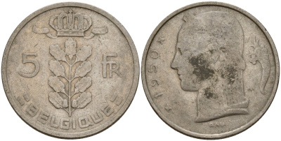 Бельгия 5 франков 1950 Belgique KM 134 медно-никель 4156-647