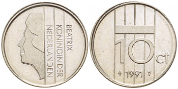 НИДЕРЛАНДЫ 10 ЦЕНТОВ 1991 БЕАТРИКС KM 203 никель 4547-927