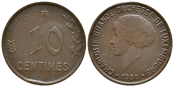 Люксембург 10 сантимов 1930 великая герцогиная Шарлотта (1919-1964) KM 41 бронза 259-727