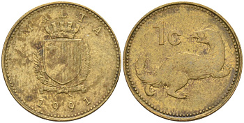 Мальта 1 цент 1991 ласка, горностай KM 93 никель латунь 4585-1155