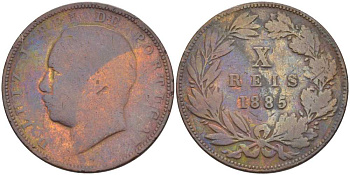 ПОРТУГАЛИЯ 10 РЕЙС 1885 ЛУИШ I (1861-1889) KM 526 бронза 98-257
