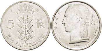 БЕЛЬГИЯ 5 ФРАНКОВ 1978 BELGIQUE, БОДУЭН I (1951-1993) KM 134.1 медно-никель 213-623