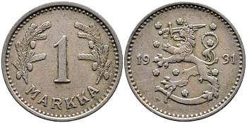 ФИНЛЯНДИЯ 1 МАРКА 1931 S KM 30 медно-никель 4388-1011