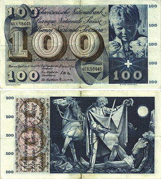 Швейцария 100 франков 1964 2 апреля 1964, серия 46 K, подпись 41 Pick 49 f бумага 8606-20-1-2