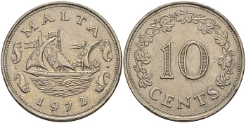 Мальта 10 центов 1972 баржа Великого магистра KM 11 медно-никель 82-421
