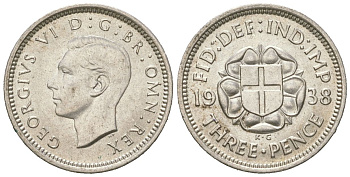 Великобритания 3 пенса 1938 Георг VI (1936-1952) KM 848, Spink 4085 серебро 4618-1025