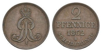 Ганновер 2 пфеннига 1852 B, Георг V (1851-1866) KM 234, AKS 153, J. 91 медь    4657-726