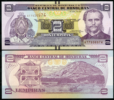 Гондурас 2 лемпира 2022 Марко Аурелио Сото, президент Pick 97 d  бумага  UNC (пресс) 450-65-1