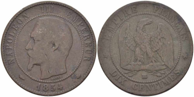 ФРАНЦИЯ 10 САНТИМОВ 1854 BB, НАПОЛЕОН III (1852-1870) KM 771.3, LE FRANC 133.12 бронза 38-933