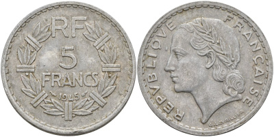Франция 5 франков 1945 KM 888b.1, Le Franc 339.3 алюминий 4144-426