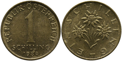 Австрия 1 шиллинг 1984 KM 2886 алюминиевая бронза 33-457