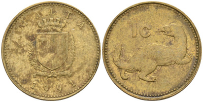 Мальта 1 цент 1991 ласка, горностай KM 93 никель латунь 4585-1155