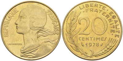 Франция 20 сантимов 1978 тип Марианна KM 930 медь алюминий никель 4116-532